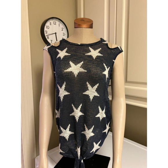 BiBi Tops - Bibi Patriotic Stars White Blue Tank Sheer Tie Bottom Women's Peek-a-boo